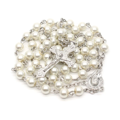 White-Pearl Rosary Beads Catholic Necklace Holy Medal-Cross Christian Long Chain