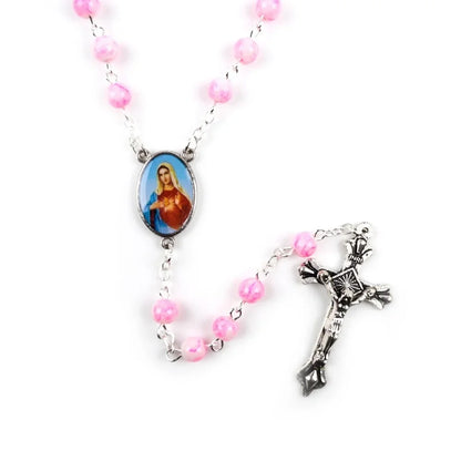 6mm Acrylic Glass Beads Rosary Necklace with Pearl Our Father Beads with Virgin Mary Boys and Girls