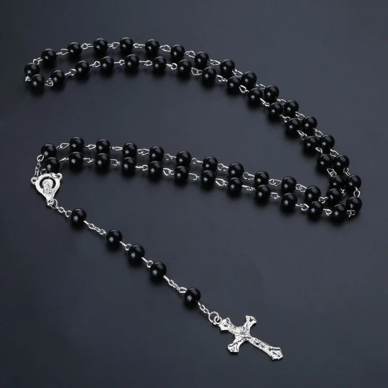 Imitation Pearl Rose Rosary Necklace Pendant Women Catholic Religious Gift