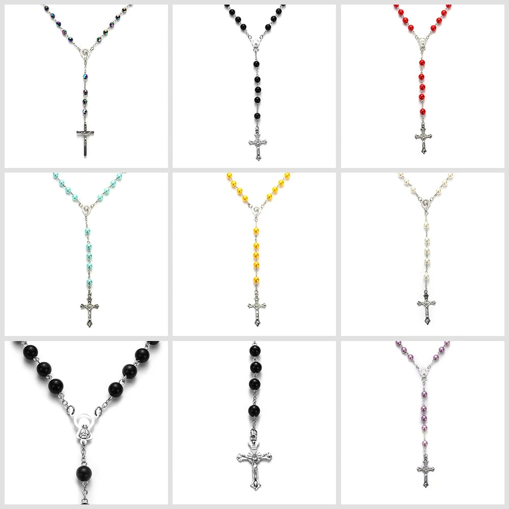 New Fashion Handmade Round Glass Bead Catholic Rosary Quality Bead Cross Necklace Beads Cross Religious Pendants Necklace