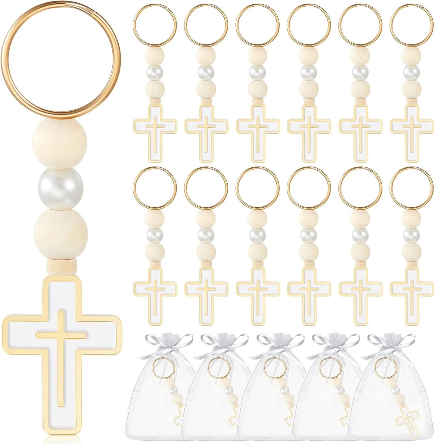 10/20Pcs First Holy Communion Favors Rosary Beads with Cross Crucifix Keychain with White Organza Bag Baptism Favors