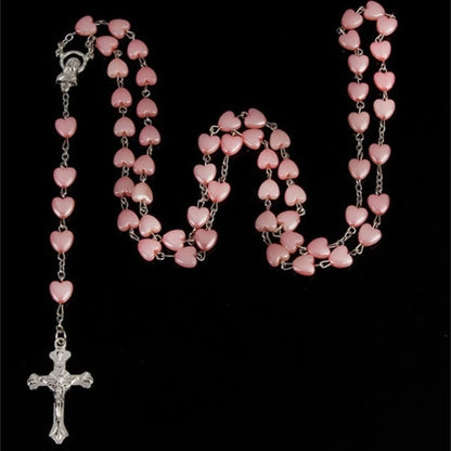 Heart Bead Rosary Necklaces Catholic Prayer Pink Heart-shaped Pendant Long Chain Christian Religious Jewelry Gift