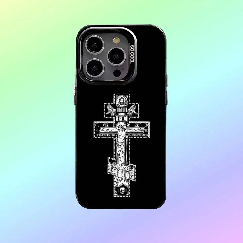 O-Orthodox Cross Icon Phone Case For iPhone17,16,15,14,13,12,11  Lens Border Silver Plated Cover Candy Matte Cover