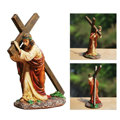 Jesus on The Way To Calvary Jesus Cross Statue Realistic Resin Christ Figure Waterproof Handmade Catholic Religious Accessories