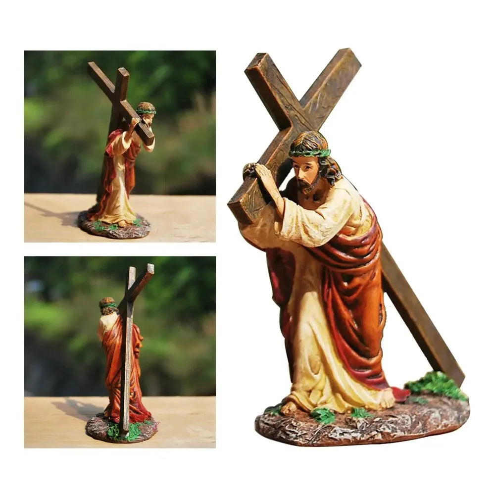 Jesus on The Way To Calvary Jesus Cross Statue Realistic Resin Christ Figure Waterproof Handmade Catholic Religious Accessories