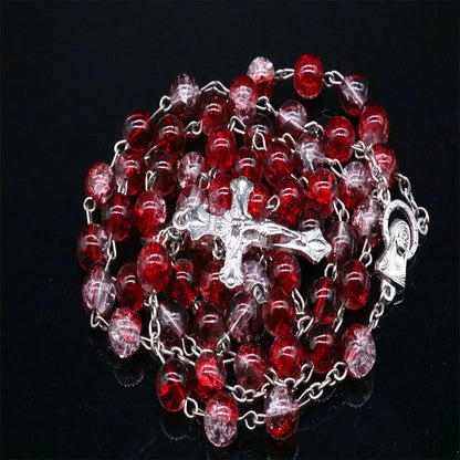 8mm Colored Glass Rosary Pendant Necklace Alloy Cross Virgin Mary Center Catholic Christian Religious Jewelry