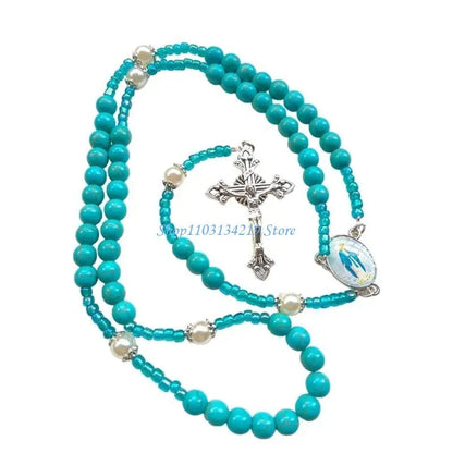 N5KC Spiritual Blue Beaded Turquoise Rosary Necklace with Metal Crosses Pendant for Prayer Religious Neckchain Jewelry Gift