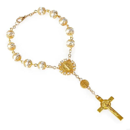 One Decade Auto Rosary Beads Catholic Bracelet Saint Benedict Crucifix Divine Mercy Gift for Women Men