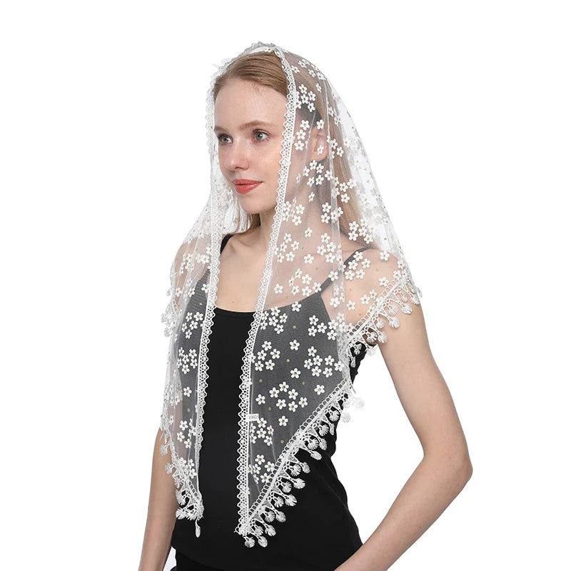 White Women Spanish Mantilla Lace Catholic Veil Chapel Scarf for Church Shawl Head Covering Scarf Mass Shawl Muslim Woman Veil