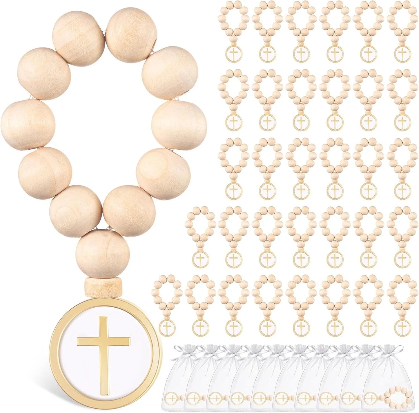 10/20Pcs First Holy Communion Favors Rosary Beads with Cross Crucifix Keychain with White Organza Bag Baptism Favors