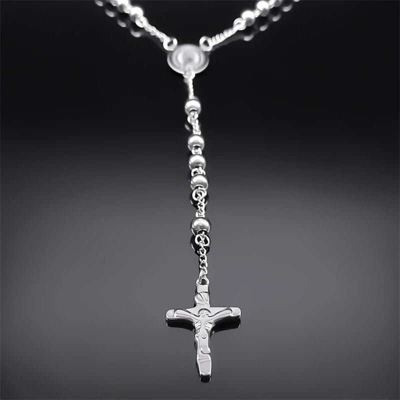 Religious Catholic Virgin Mary Jesus Cross Rosary Necklace for Men Women Stainless Steel Christian Christ Long Chain JewelryZZZ
