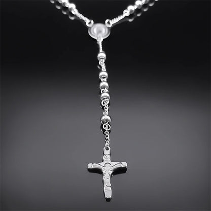 Religious Catholic Virgin Mary Jesus Cross Rosary Necklace for Men Women Stainless Steel Christian Christ Long Chain JewelryZZZ