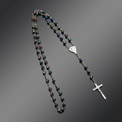 Vintage Rosary Beads Chain Cross Necklace Handmade Quality  Glass Bead Catholic Rosary Religious Crucifix Pendants Necklace