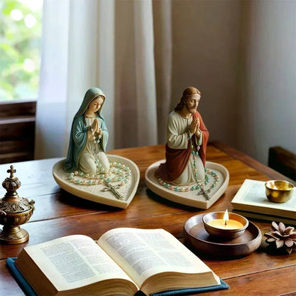 Virgin Mary Rosary Holder,Elegant Our Lady Prayer Rosary Box Religious Gift Catholic Gift, Mary And Jesus Heart Statue Tray