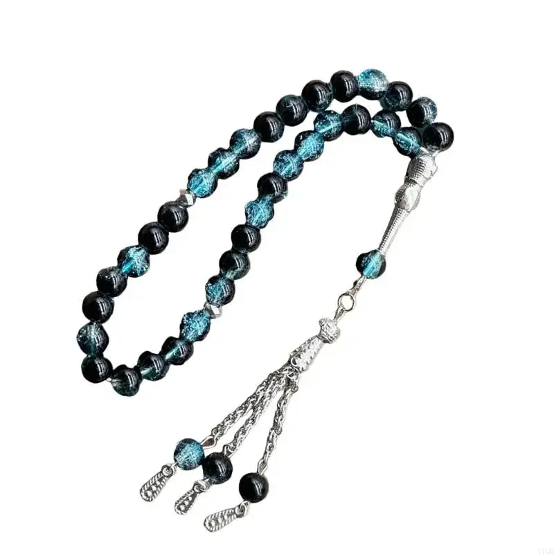 Handmade 33 Beads Muslims Rosary Ice Cracked Glass Tasbih with Tassels Pendant for Daily Prayers and Meditation Supply