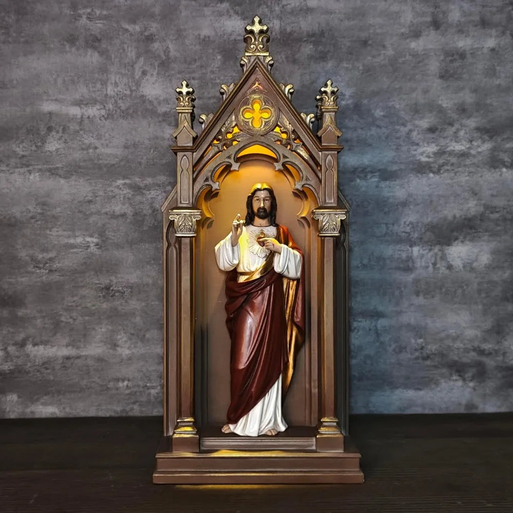 BC Catholic Sacred Heart of Jesus Statue, Jesus Christ Sculpture, 14.9 H Blessed Tabletop Shrine with LED Light, Religious Gift