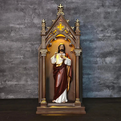 BC Catholic Sacred Heart of Jesus Statue, Jesus Christ Sculpture, 14.9 H Blessed Tabletop Shrine with LED Light, Religious Gift