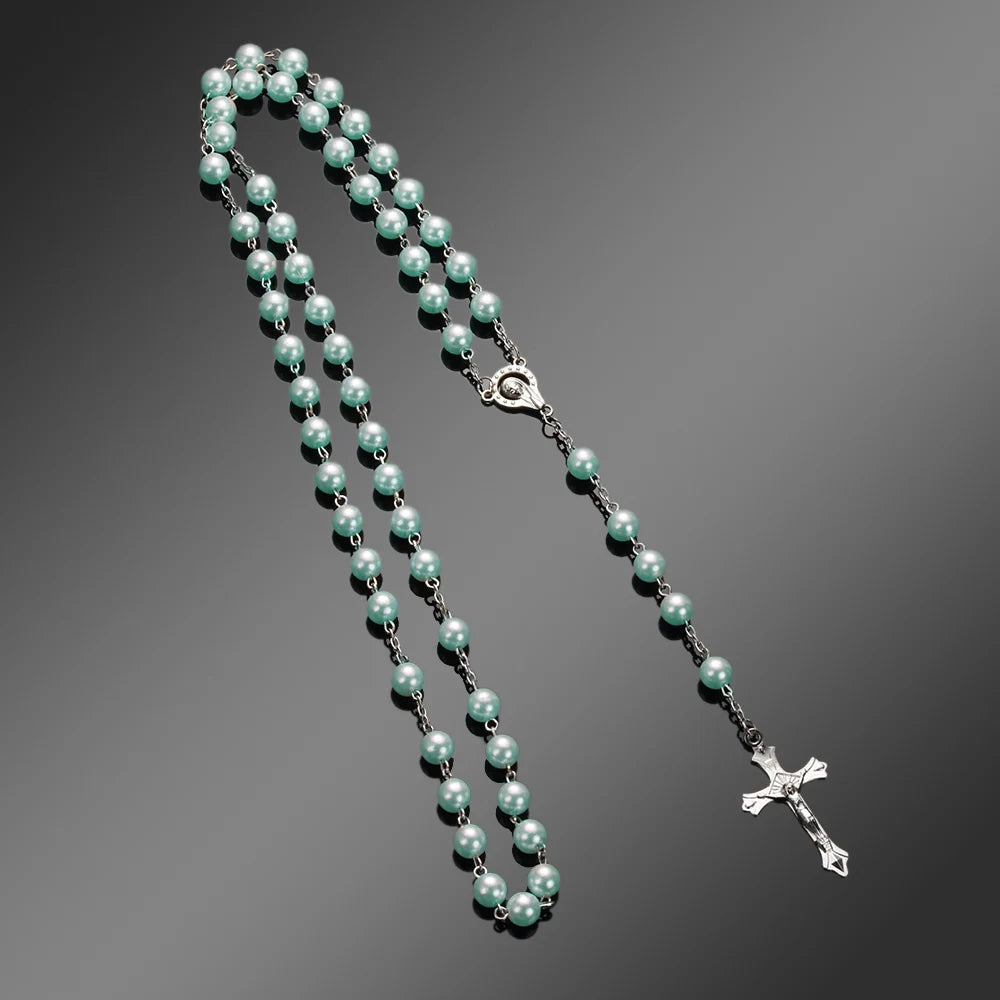 Vintage Rosary Beads Chain Cross Necklace Handmade Quality  Glass Bead Catholic Rosary Religious Crucifix Pendants Necklace