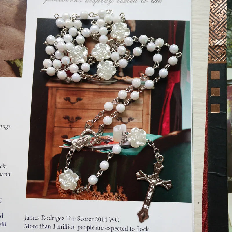 QIGO White Rose Plastic Rosary Necklace Long Jesus Cross Religious Prayer Jewelry