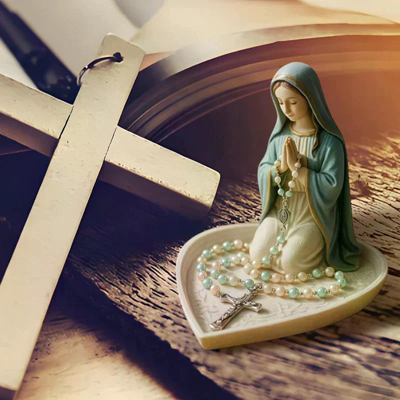 Virgin Mary Rosary Holder,Elegant Our Lady Prayer Rosary Box Religious Gift Catholic Gift, Mary And Jesus Heart Statue Tray