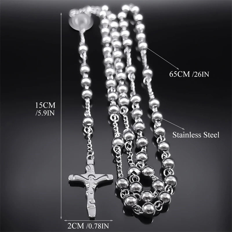 Religious Catholic Virgin Mary Jesus Cross Rosary Necklace for Men Women Stainless Steel Christian Christ Long Chain JewelryZZZ