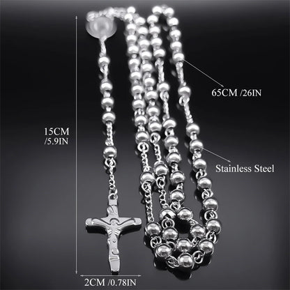 Religious Catholic Virgin Mary Jesus Cross Rosary Necklace for Men Women Stainless Steel Christian Christ Long Chain JewelryZZZ