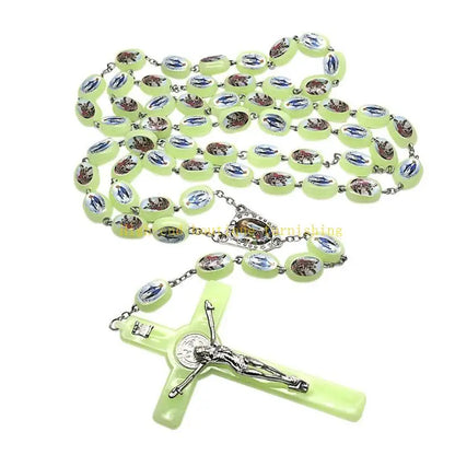 L9NB Catholic Angel Virgin Mary Luminous Rosary Religious Beads Wall Hanging Rosary for Cross Pendant Necklace Glow in The Da