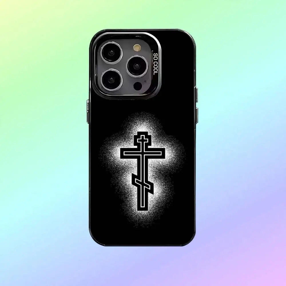 O-Orthodox Cross Icon Phone Case For iPhone17,16,15,14,13,12,11  Lens Border Silver Plated Cover Candy Matte Cover