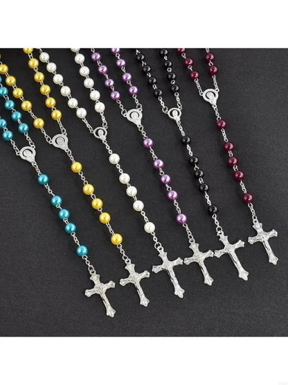Imitation Pearl Rose Rosary Necklace Pendant Women Catholic Religious Gift