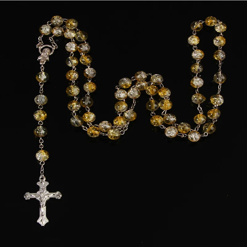 8mm Colored Glass Rosary Pendant Necklace Alloy Cross Virgin Mary Center Catholic Christian Religious Jewelry