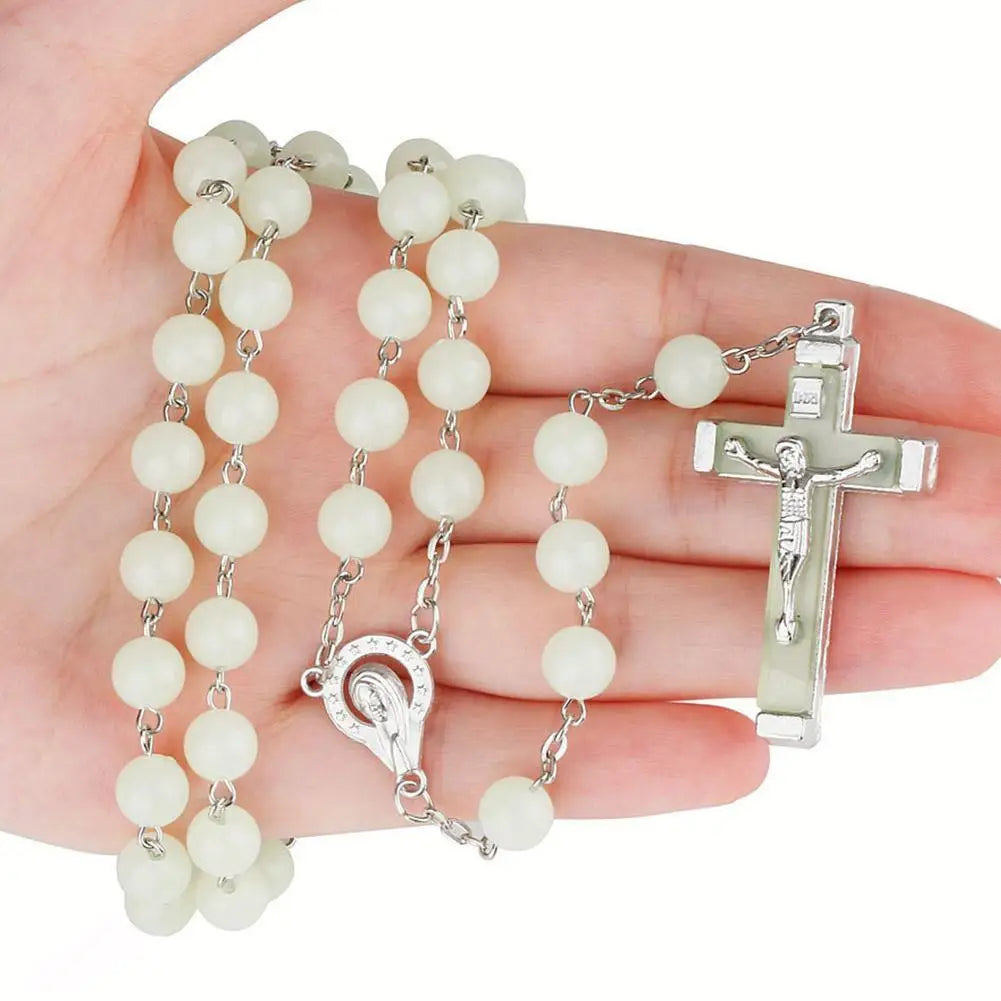 Glow In The Dark Rosary Beads Necklace Cross Pendant Necklace - Luminescent Catholic Rosary Religious Jesus Chains For Women Men
