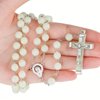 Glow In The Dark Rosary Beads Necklace Cross Pendant Necklace - Luminescent Catholic Rosary Religious Jesus Chains For Women Men