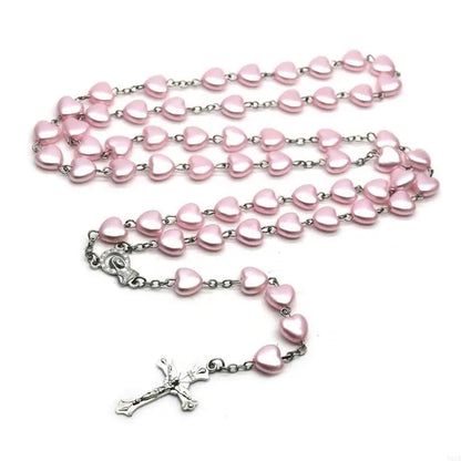 Y51B Catholic Rosary Necklaces Pink Heart-shaped Beads Long Chain for Women