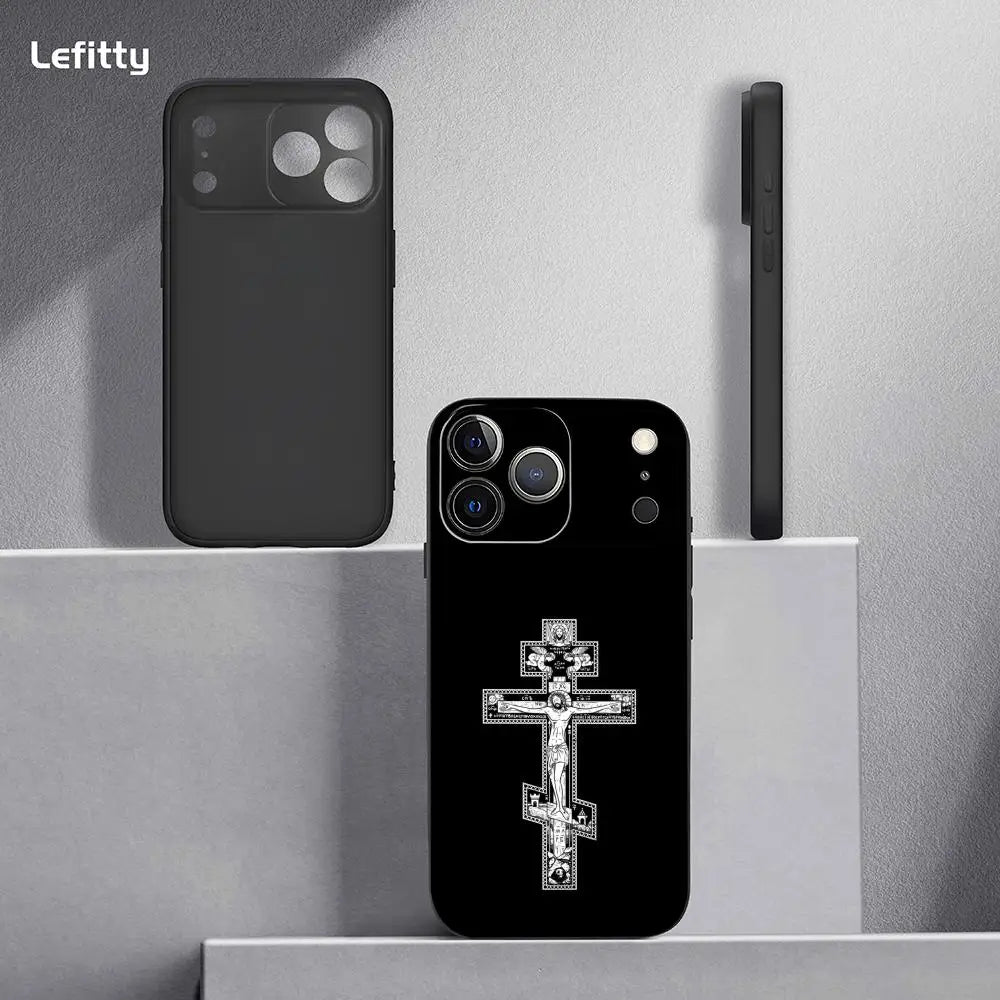 Simple Orthodox Cross Phone Case For IPhone 17 16 15 14 13 12 11 Pro Max Plus Mini Black Frosted Soft Shell Funda