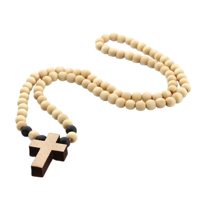 Wood Cross Pendant Necklace Chunky Beaded Chain Rosary Style Accessory for Men Women Church Events