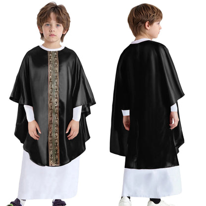 Boys Girls Halloween Priest Cosplay Costume Catholic Pope Vestments Long Sleeve Cape Robe Gown Church Father Clergy Chasuble