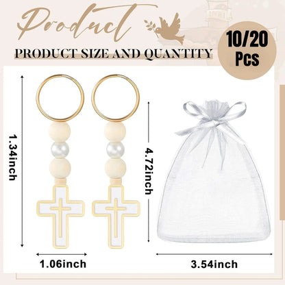 10/20Pcs First Holy Communion Favors Rosary Beads with Cross Crucifix Keychain with White Organza Bag Baptism Favors