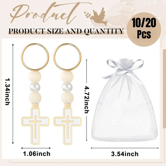 10/20Pcs First Holy Communion Favors Rosary Beads with Cross Crucifix Keychain with White Organza Bag Baptism Favors