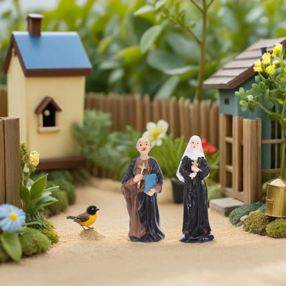 2Pcs Holy Statue Set Priest and Nun Resin Religious Sculpture for Desktop Small Decorations Sand Tray Cake Toppers Catholic