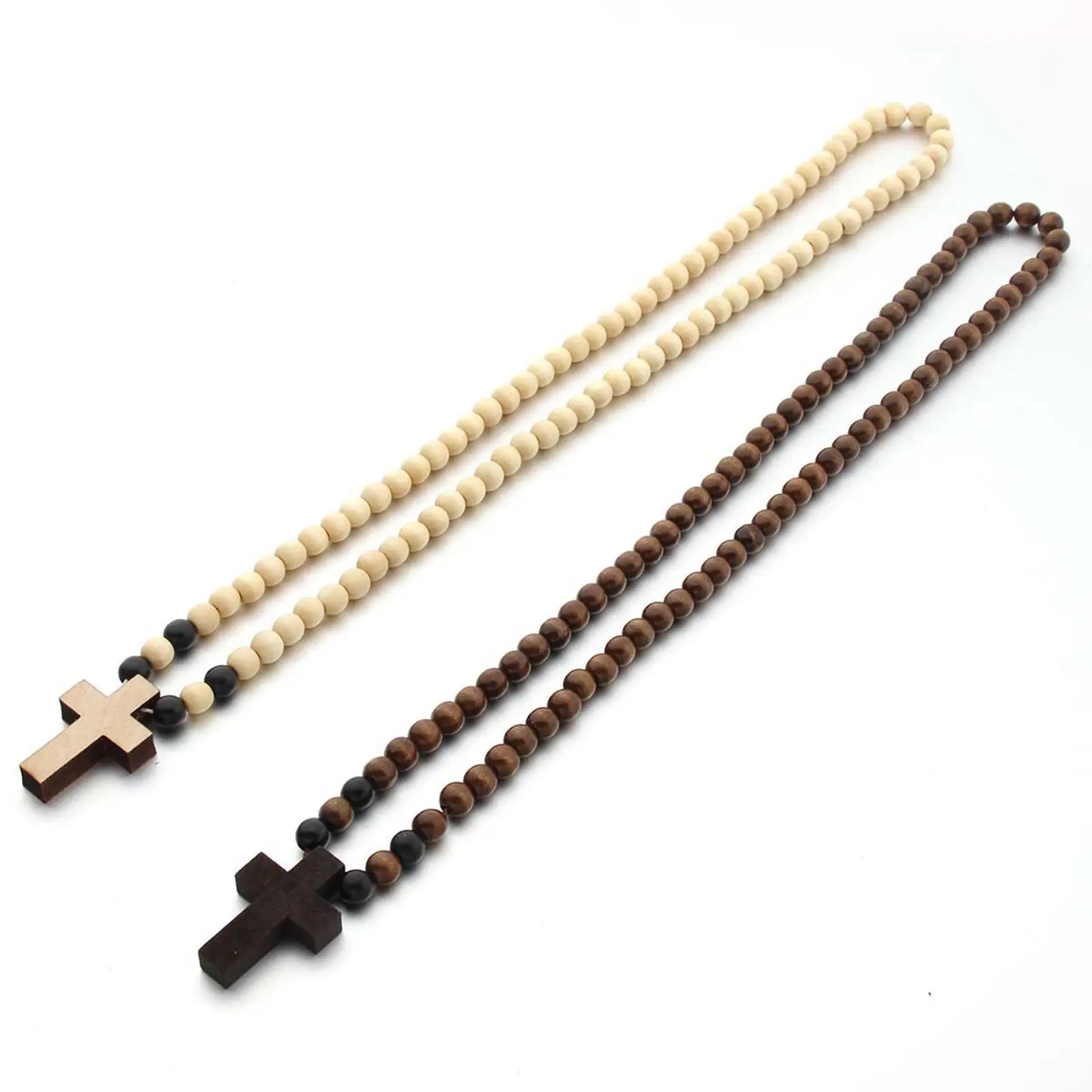 Wood Cross Pendant Necklace Chunky Beaded Chain Rosary Style Accessory for Men Women Church Events