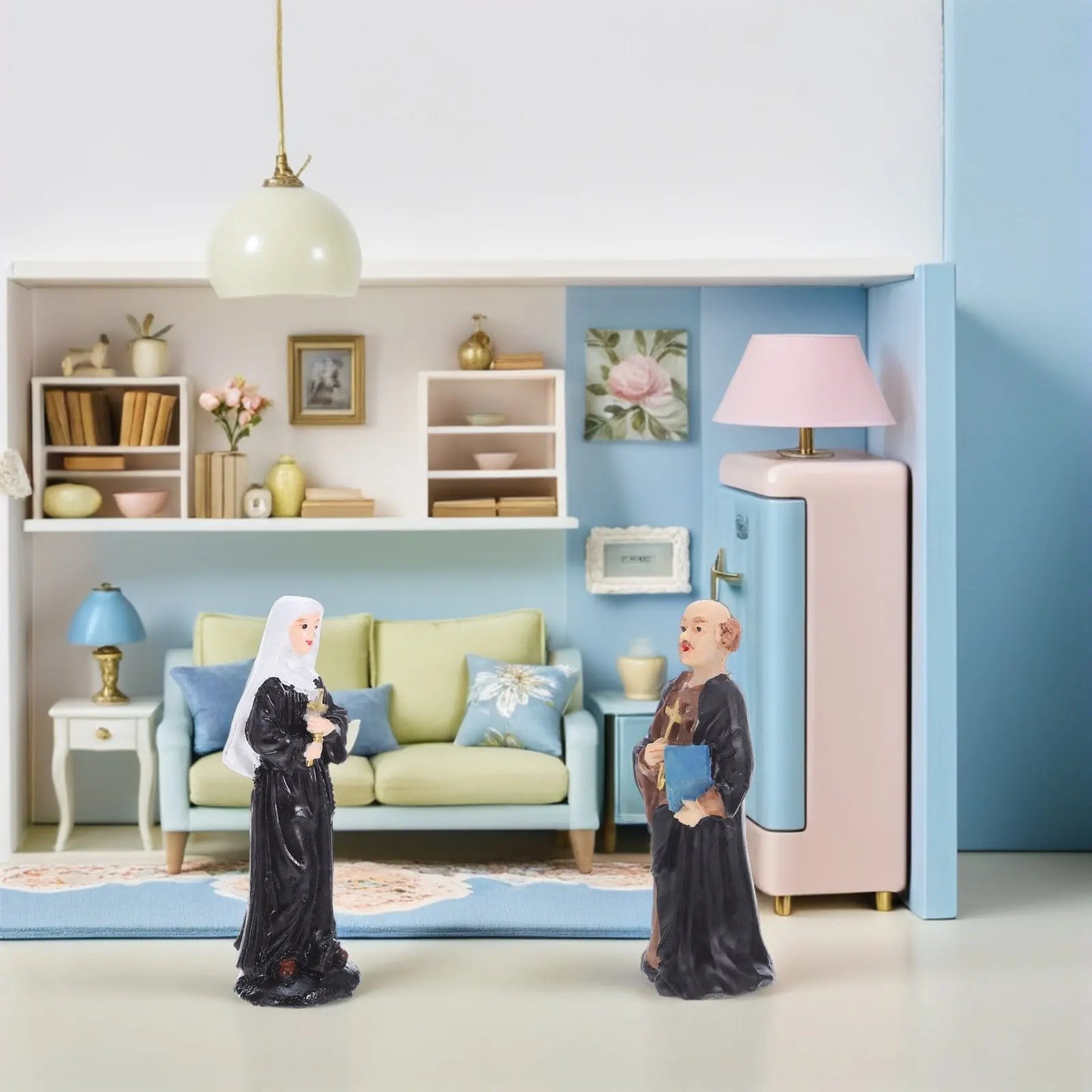 2Pcs Holy Statue Set Priest and Nun Resin Religious Sculpture for Desktop Small Decorations Sand Tray Cake Toppers Catholic