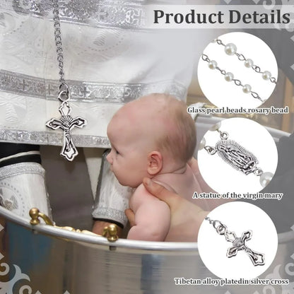 Gothic Long Bead Rosary Cross Necklace White Pearl Beads Rosary Necklace Pearl Cross Vintage Necklaces Crucifix with Medal