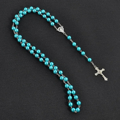 Imitation Pearl Rose Rosary Necklace Pendant Women Catholic Religious Gift
