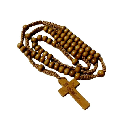 Wood Beads Cross Rosary Necklace Holy Catholic Jewelry Charm Crafts for Christian Church Home Bedroom Decoration