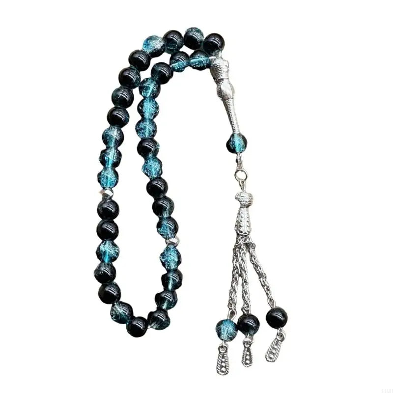 Handmade 33 Beads Muslims Rosary Ice Cracked Glass Tasbih with Tassels Pendant for Daily Prayers and Meditation Supply
