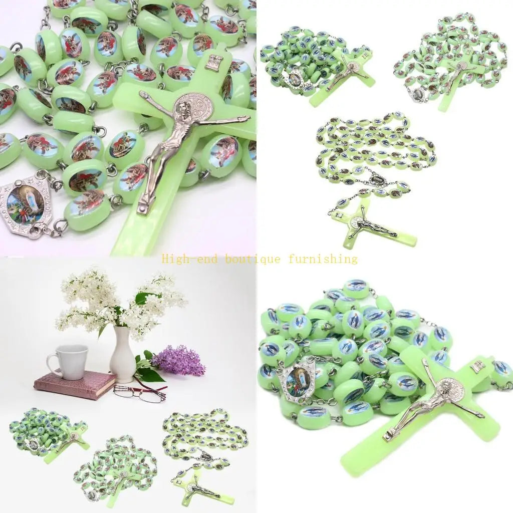 L9NB Catholic Angel Virgin Mary Luminous Rosary Religious Beads Wall Hanging Rosary for Cross Pendant Necklace Glow in The Da