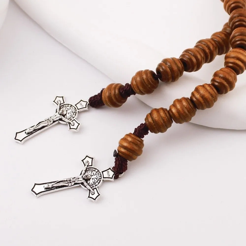 Vintage Saint Benedict Medal Prayer Alloy Wooden Prayer Beads Blessing Handmade Saint Benedict Rosary Catholic Prayer