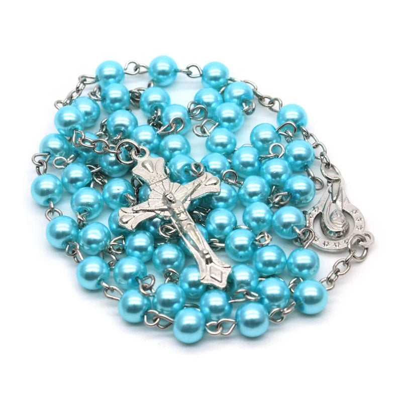 White-Pearl Rosary Beads Catholic Necklace Holy Medal-Cross Christian Long Chain