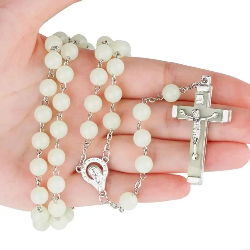 L43A Glow Rosary Necklace Jesus Christ for Cross Pendant Noctilucent Chai