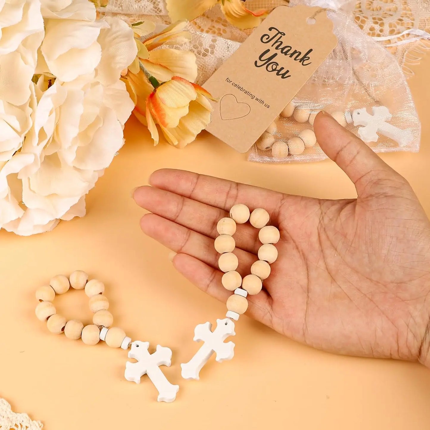 12/18PCS Catholic Wooden Rosary Bead with Cross Beads Christening Favors with White bag  for the First Communion Confirmation